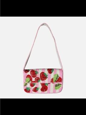 Pizzazz Pink Strawberry & Leaves Beaded Shoulder Bag
